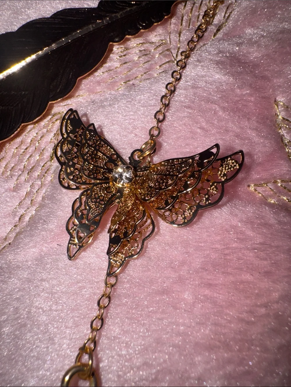 Gold Butterfly Feather Bookmark Necklace with Glass Globe Charm - Women Jewelry